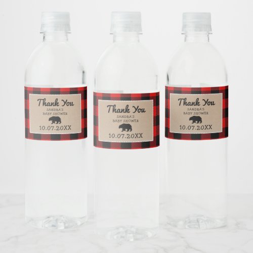 Lumberjack Bear Buffalo Plaid Baby Shower Favors Water Bottle Label