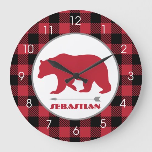 Lumberjack Bear Buffalo Plaid Hunter Theme Large Clock