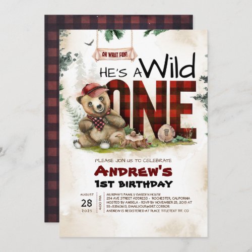 Lumberjack Bear First Birthday Party Invitation