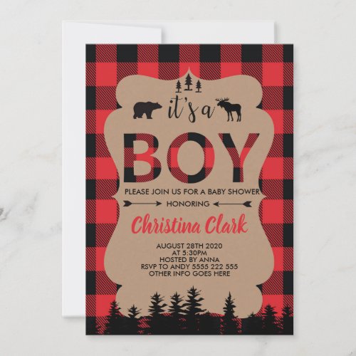 Lumberjack Bear Flannel Boy Baby Shower Invitation