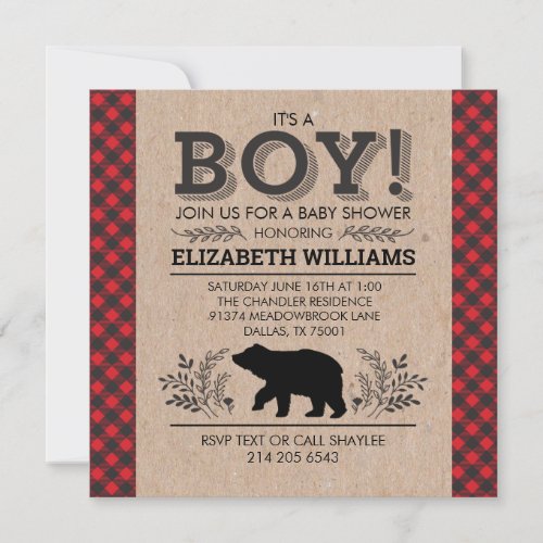 Lumberjack bear Flannel Rustic Boy Baby Shower Inv Invitation