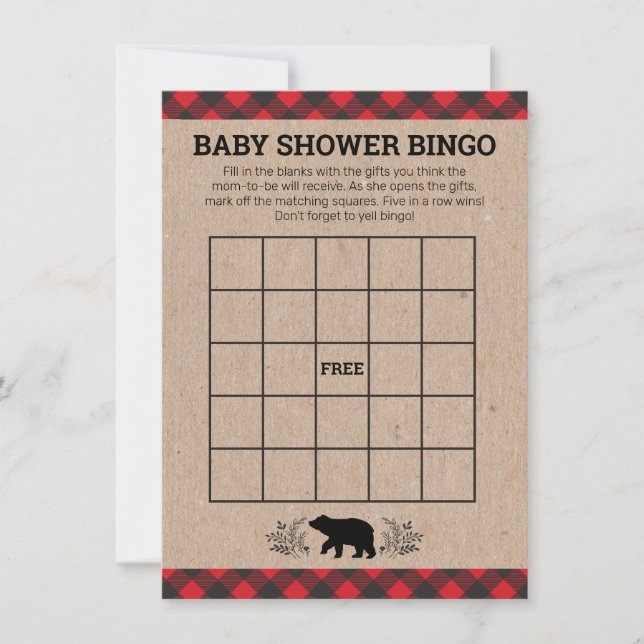 Lumberjack Bear Kraft Baby Shower Bingo Card (Front)