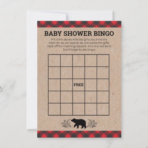 Lumberjack Bear Kraft Baby Shower Bingo Card