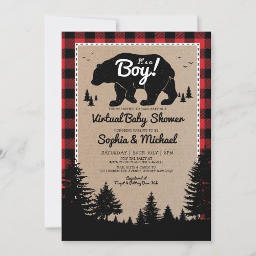 Lumberjack Bear Long Distance Virtual Baby Shower Invitation