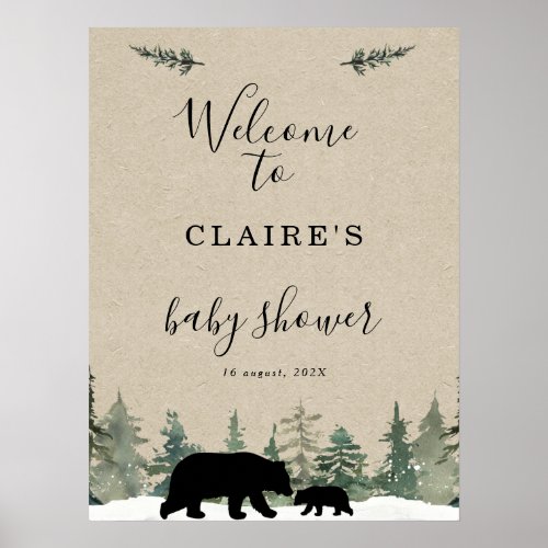 Lumberjack Bear Pine Tree Baby Shower Welcome Sign