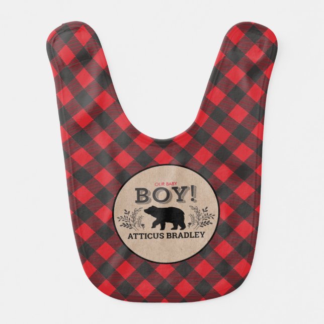 Lumberjack Bear Red Black Kraft Baby Bib (Front)