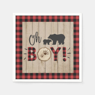Lumberjack Bear Red Black Plaid Baby Shower Boy Napkins