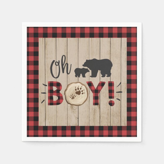 Lumberjack Bear Red Black Plaid Baby Shower Boy Napkins (Front)