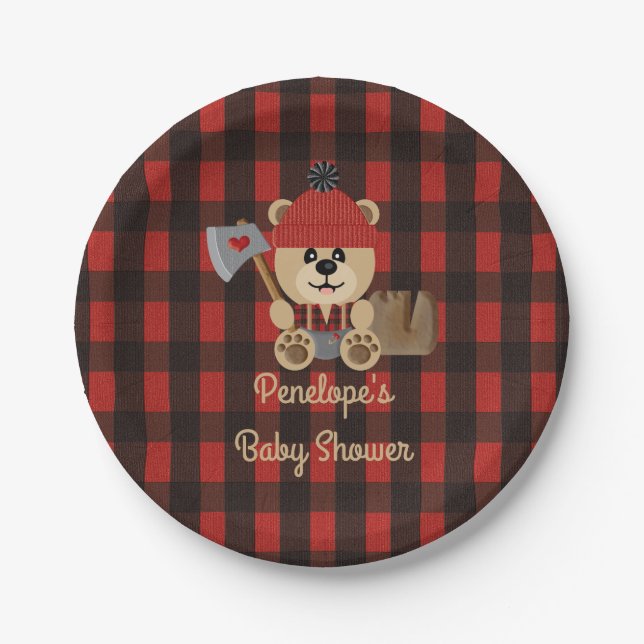Lumberjack Bear Wilderness Theme Baby Shower Paper Plates (Front)