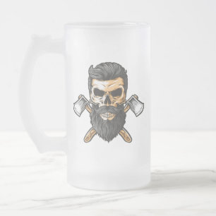 Lumberjack Bearded Skull Crossed Axes Frosted Glass Beer Mug