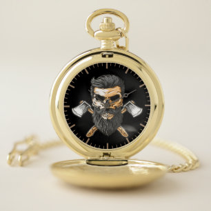 Lumberjack Bearded Skull Crossed Axes Pocket Watch