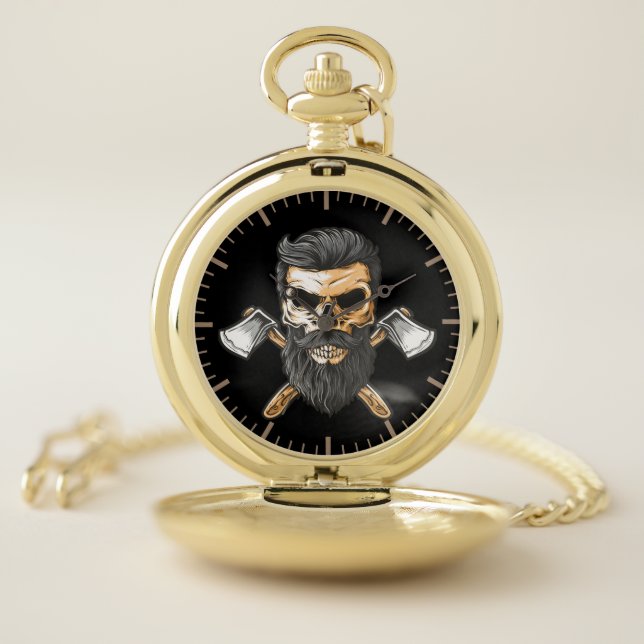 Lumberjack Bearded Skull Crossed Axes Pocket Watch (Inside)