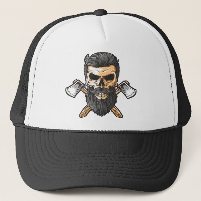 Lumberjack Bearded Skull Crossed Axes Trucker Hat (Front)