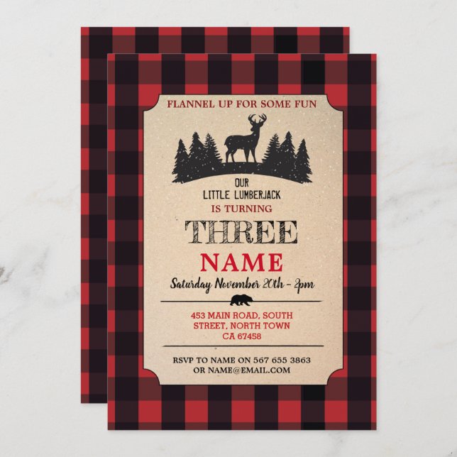 Lumberjack Birthday ANY AGE Red Flannel Invite (Front/Back)