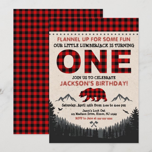 Lumberjack Birthday Invitation Buffalo Plaid (Front/Back)