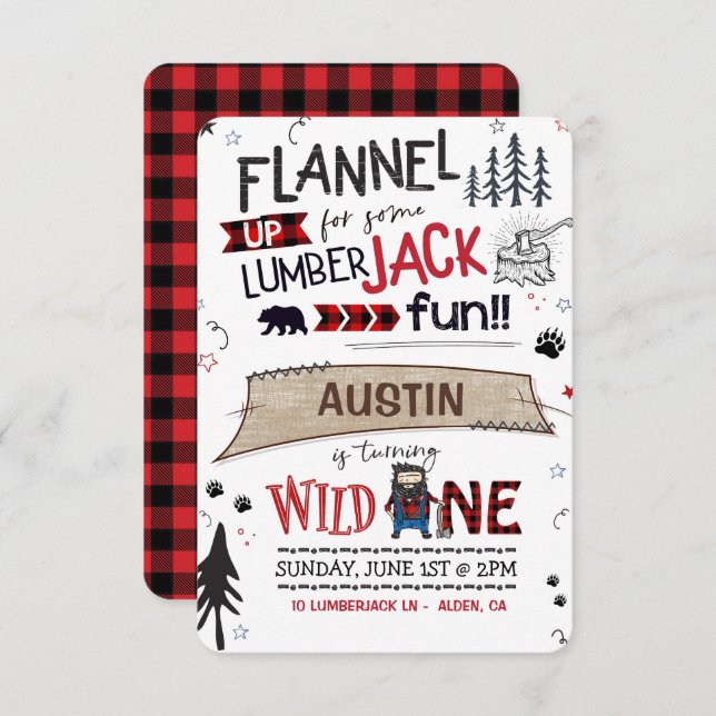 Lumberjack Birthday Invitation Buffalo Plaid Boy (Front/Back)