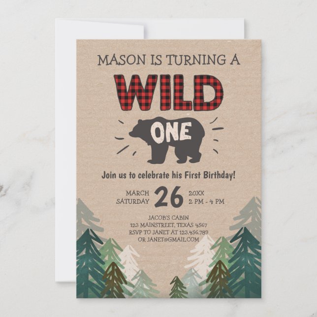 Lumberjack Birthday Invitation Wild One Forest (Front)