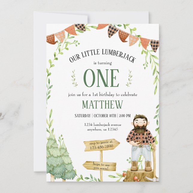 Lumberjack Birthday Invitation with Red Plaid (Front)