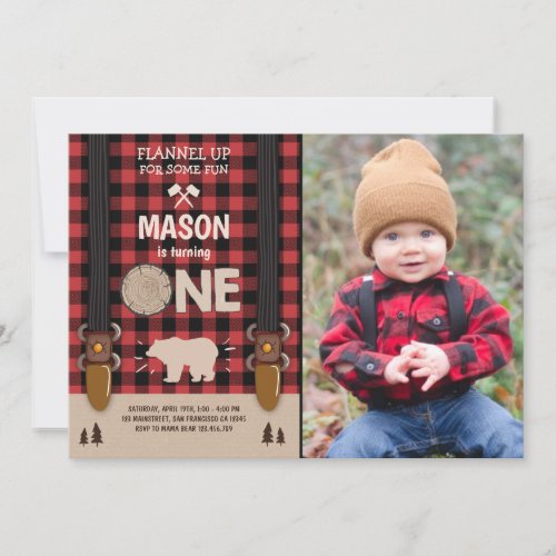 Lumberjack Birthday Invitation Woodland Plaid Red