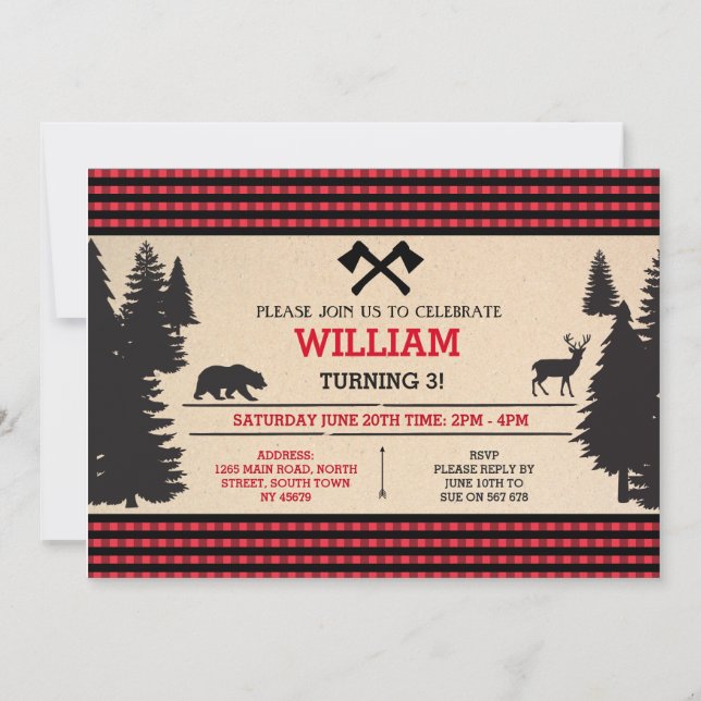 Lumberjack Birthday Invite Red Woodland Invitation (Front)