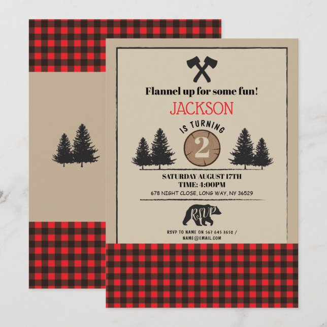Lumberjack Birthday Party Any Age Invite Bear Wood (Front/Back)