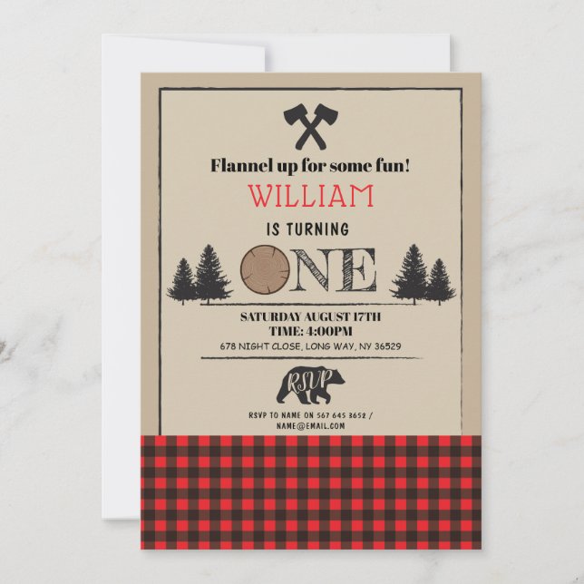 Lumberjack Birthday Party ONE First 1st Red Invite (Front)