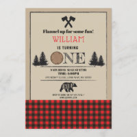 Lumberjack Birthday Party ONE First 1st Red Invite