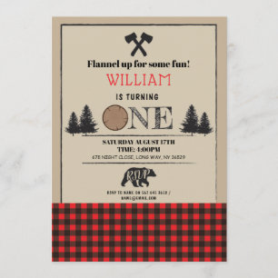 Lumberjack Birthday Party ONE First 1st Red Invite