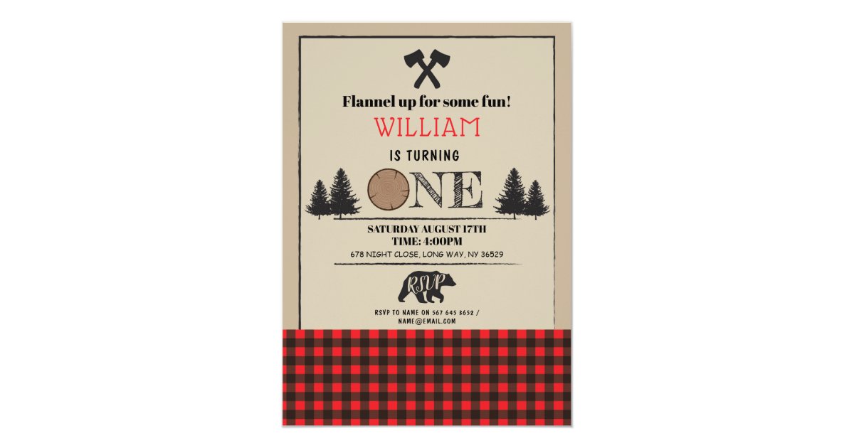 Lumberjack Birthday Party One First 1st Red Invite Zazzle Com