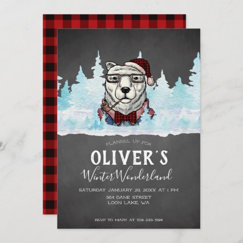 Lumberjack Birthday  Winter Flannel Polar Bear Invitation