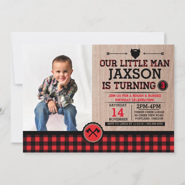 Lumberjack birthday with picture, rustic plaid kid invitation (Front)