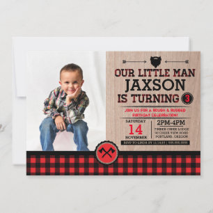 Lumberjack birthday with picture, rustic plaid kid invitation