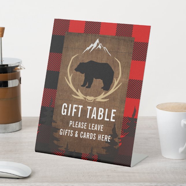 Lumberjack Birthday Wood Plaid Gift Table Sign (In SItu)