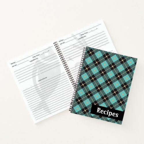 Lumberjack Black Aqua Plaid Pattern Recipe Notebook