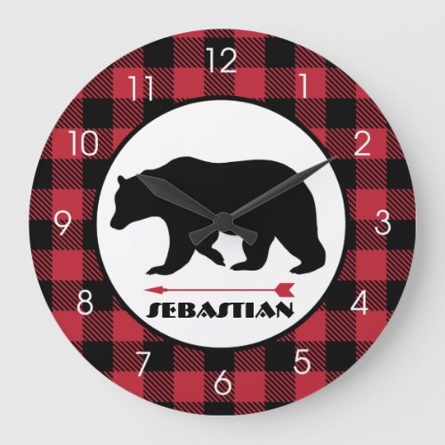 Lumberjack Black Bear Buffalo Plaid Hunter Theme Large Clock