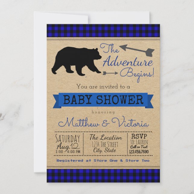 Lumberjack Blue Buffalo Plaid Boy Bear Baby Shower Invitation (Front)