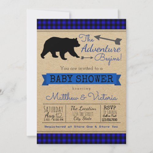 Lumberjack Blue Buffalo Plaid Boy Bear Baby Shower Invitation