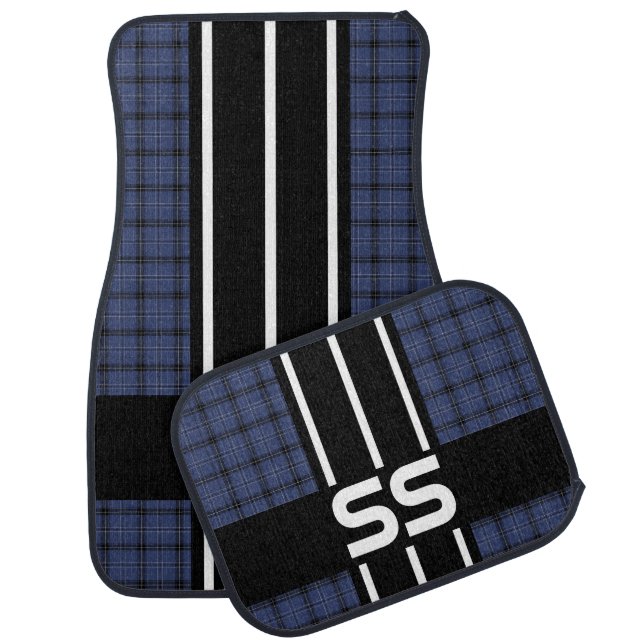 Lumberjack Blue Plaid Race Stripes | Personalize Car Floor Mat (Set)