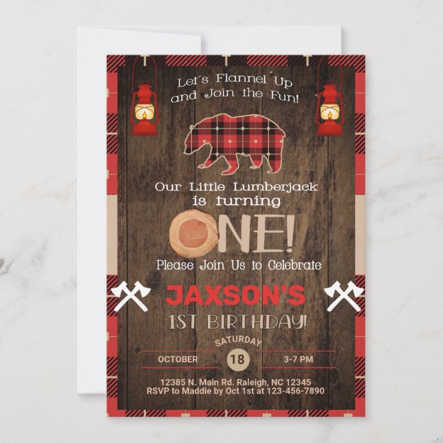 Lumberjack boy 1st birthday invitation. invitation (Front)