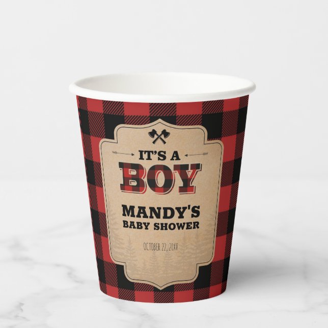 Lumberjack Boy Baby Shower Buffalo Plaid Paper Cups (Front)