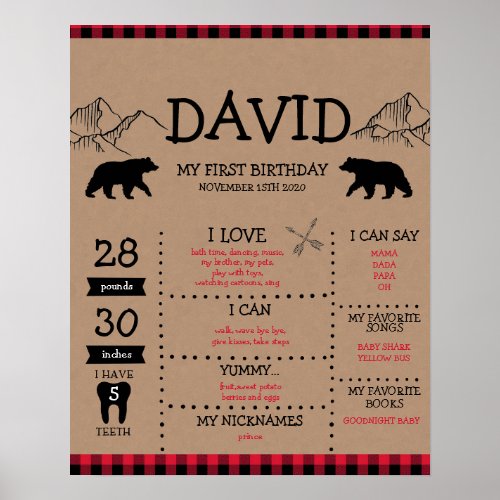 Lumberjack Boy First Birthday Milestone Poster