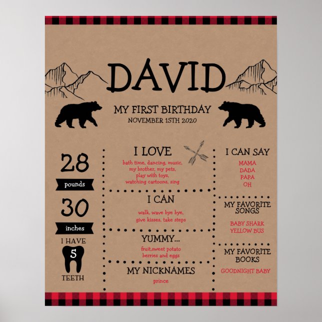Lumberjack Boy First Birthday Milestone Poster (Front)