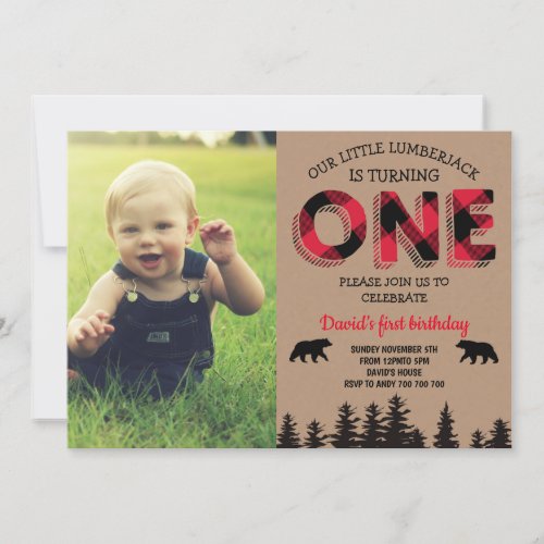 Lumberjack Boy First Birthday Red Flannel Photo Invitation