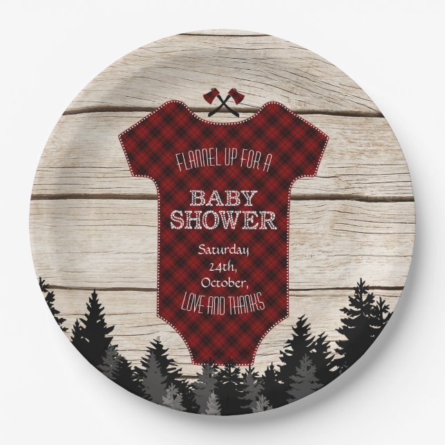 Lumberjack Buffalo Baby Suit Wood Baby Shower Paper Plates (Front)