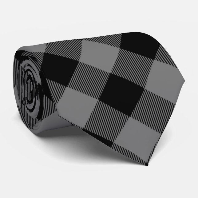 Lumberjack Buffalo Check Plaid Pattern Gray Black Neck Tie (Rolled)