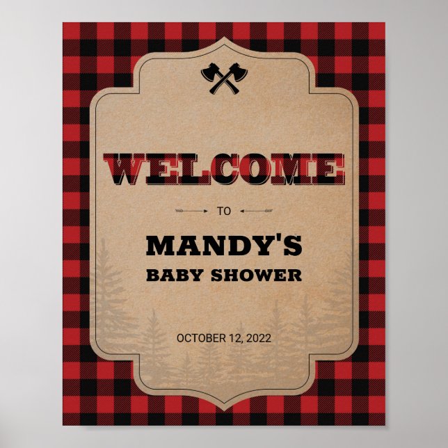 Lumberjack Buffalo Plaid Baby Shower Welcome Sign (Front)