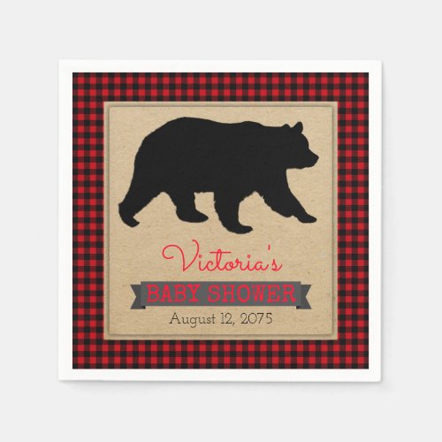 Lumberjack Buffalo Plaid Bear Baby Shower Paper Napkins