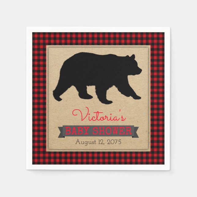 Lumberjack Buffalo Plaid Bear Baby Shower Paper Napkins (Front)