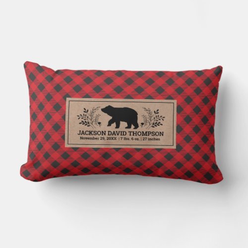 Lumberjack Buffalo Plaid Bear Birth Stats Lumbar Pillow
