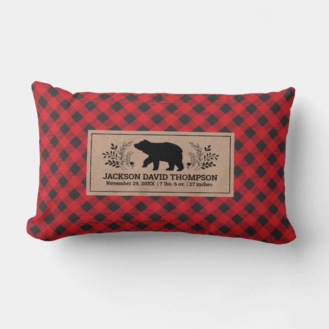 Lumberjack Buffalo Plaid Bear Birth Stats Lumbar Pillow (Front)